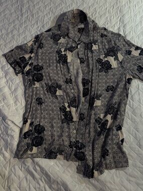 Topman Cream & Black Floral Short-Sleeve Button Down Shirt